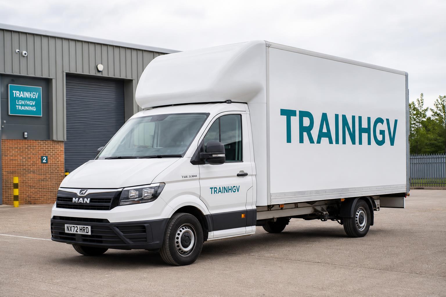 TrainHGV branded 7.5 tonne C1 box truck at a UK depot