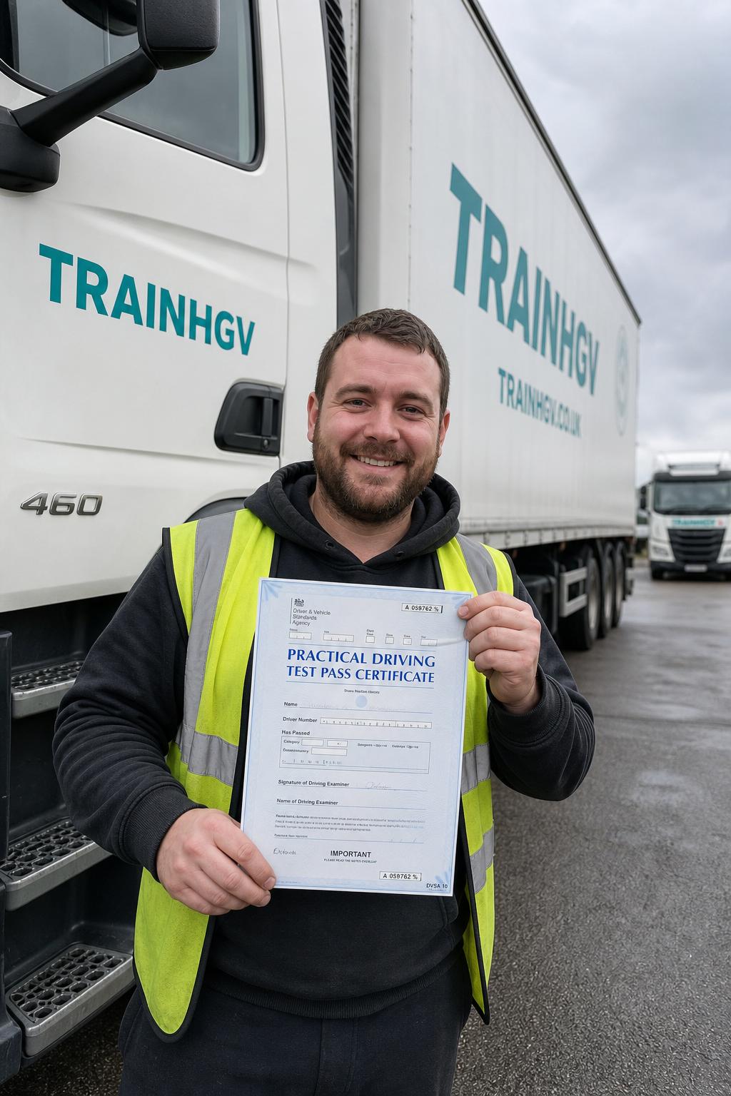 Newly qualified HGV driver in hi-vis vest